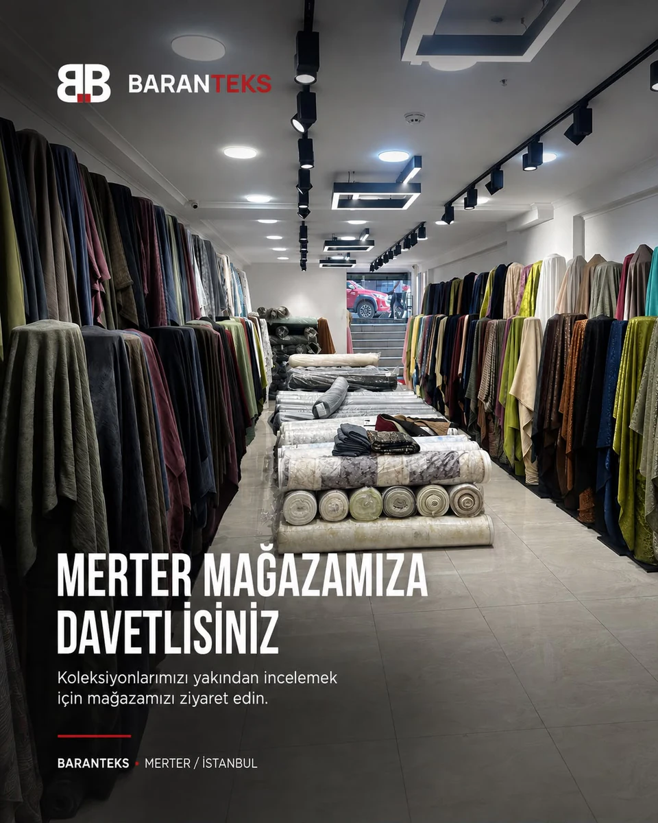 Fabric collections displayed inside the Baranteks Merter store in Istanbul.