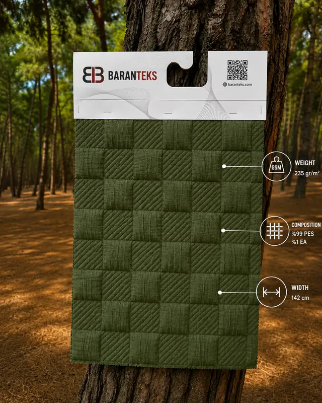 Baranteks olive green quilted fabric card with alternating square and diagonal stitch texture