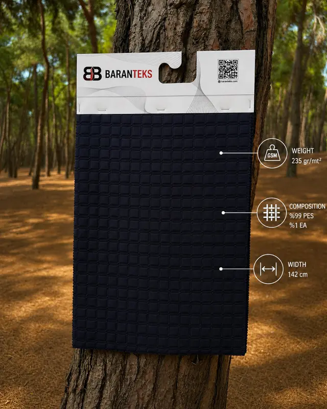 Baranteks navy quilted fabric card with a small square grid texture