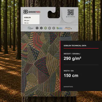 Baranteks Goblen fabric card with a multicolour geometric patchwork pattern