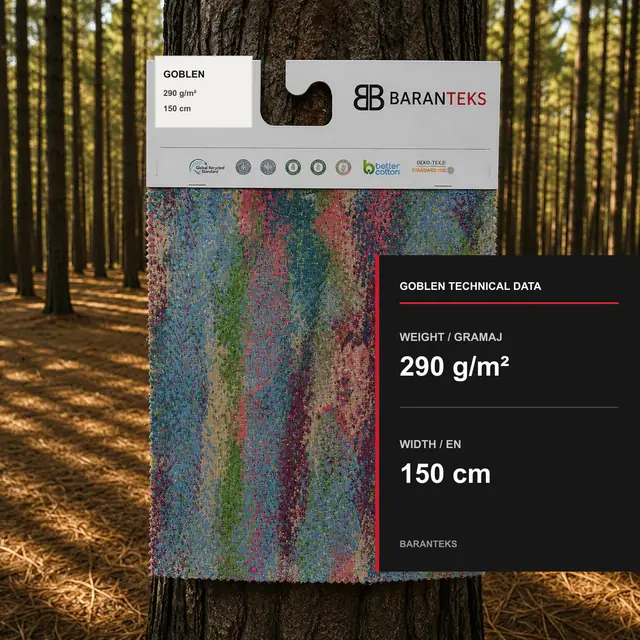 Baranteks Goblen fabric card with a multicolour abstract pattern
