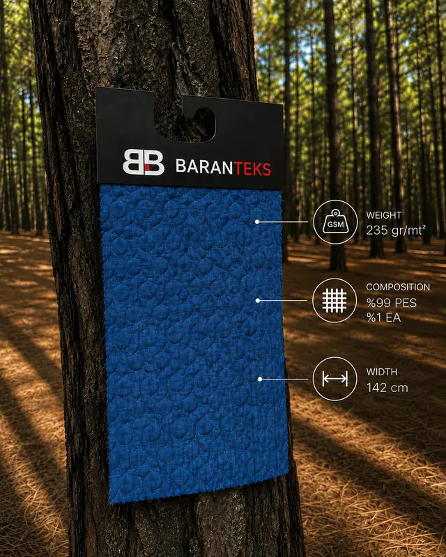 Baranteks royal blue fabric card with an overlapping circular surface pattern