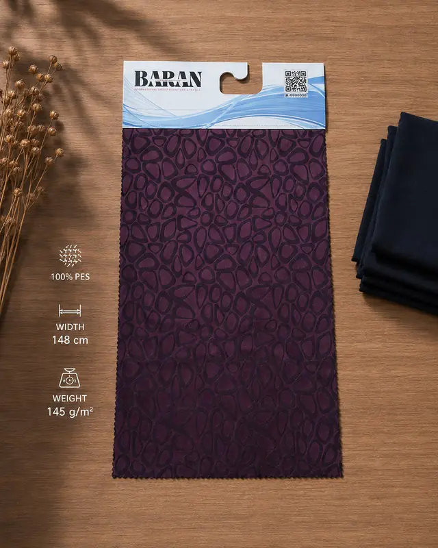 Baranteks plum satin jacquard fabric card with an irregular pebble motif