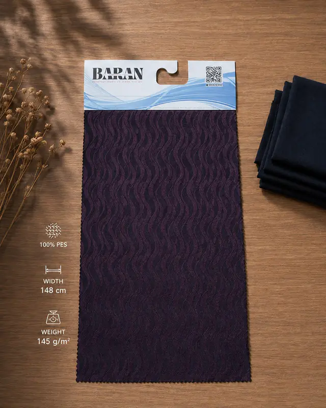 Baranteks plum satin jacquard fabric card with a flowing wave motif