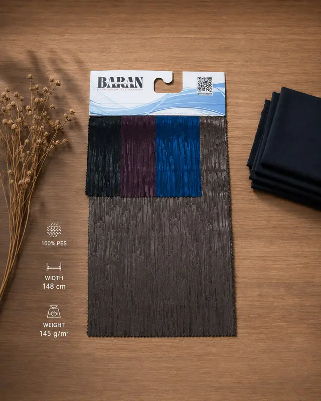 Baranteks taupe satin jacquard fabric card with a vertical abstract streak motif