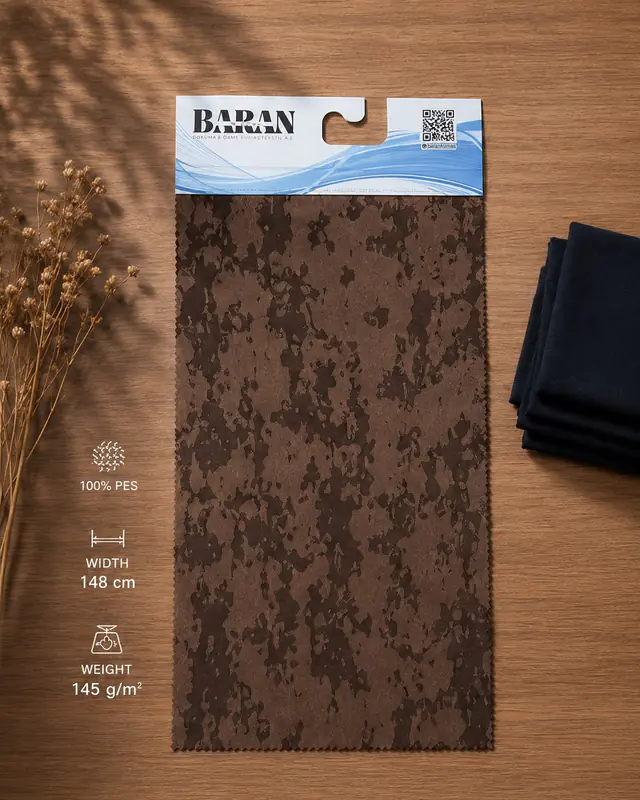 Baranteks taupe satin jacquard fabric card with an organic mottled motif